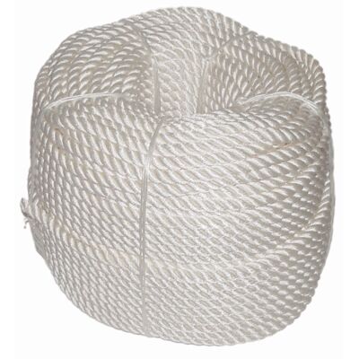 Very strong synthetic 3-strand white nylon/fibre rope with excellent shock absorption properties. 