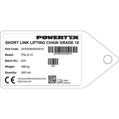 Powertex description tag for 6 mm Grade 10/100 short link chain Powertex description tag for 6 mm Grade 10/100 short link chain