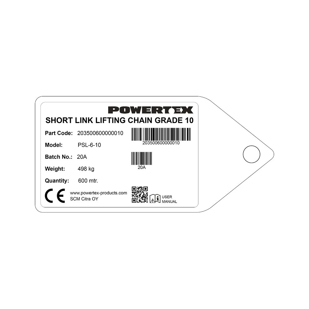 Powertex description tag for 6 mm Grade 10/100 short link chain Powertex description tag for 6 mm Grade 10/100 short link chain