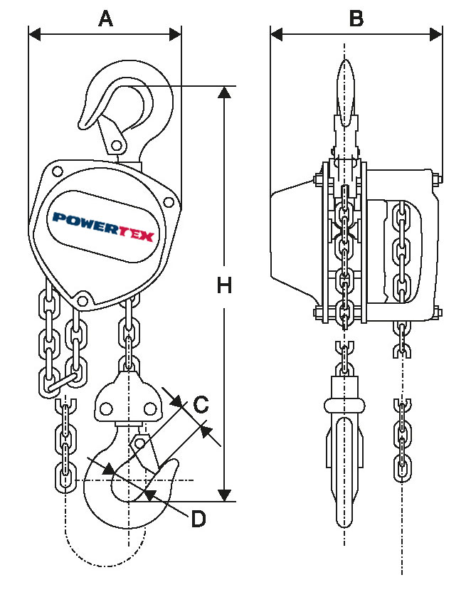 POWERTEX chain hoist measurements 0.25 to 2 tons